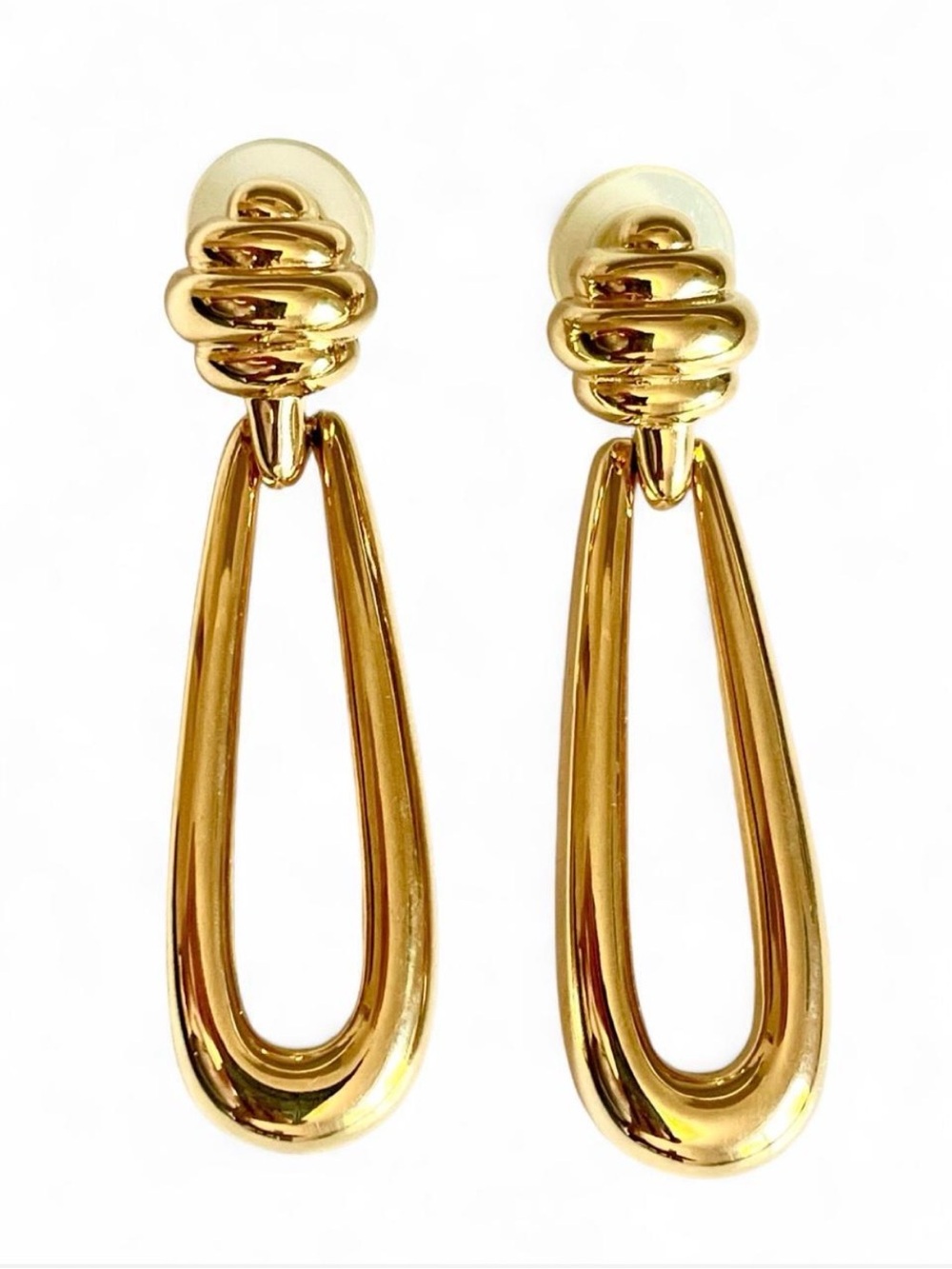 Erwin Pearl Vintage Gold Knot & Teardrop Hoop Dangle Earrings 1980s Geometric